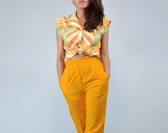 1970s Striped Top M | Retro 70s Button Up Blouse, Medium