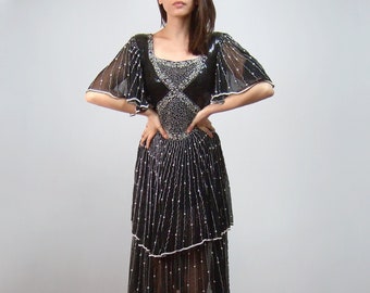 80s Sequin Dress, Vintage Flutter Sleeve, Black and Silver - Extra Small to Small XS S