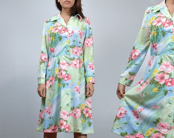 Vintage 1970s Long Sleeved Floral Dress, M to L