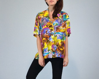 70s Novelty Print Blouse, M to L | Vintage Middle Eastern Patterned Colorful Button Up Shirt