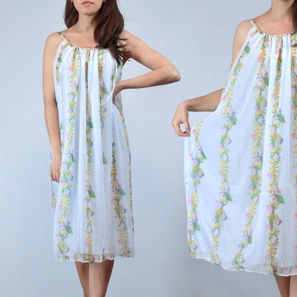 Vintage Sheer Nightgown - Small to Medium | Pale Blue Floral Striped Tented Nightie, Womens Negligee, S M