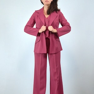 1970s Burgundy 4pc Suit Set: Vintage Blazer, Vest, Skirt, Wide Leg Pants (S-M)