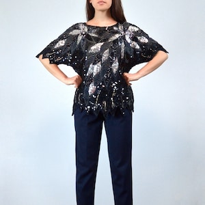 1980s Black and Silver Sequin Top, M | Vintage 80s Sheer Beaded and Sequins Shirt, Medium