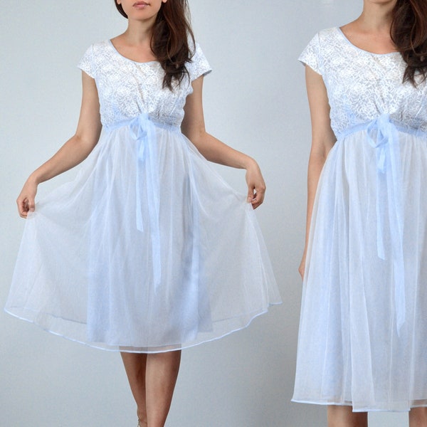 1970s Baby Blue Nylon Nightgown - size 38/40 Bust | Cap Sleeve Sheer Lace Lingerie