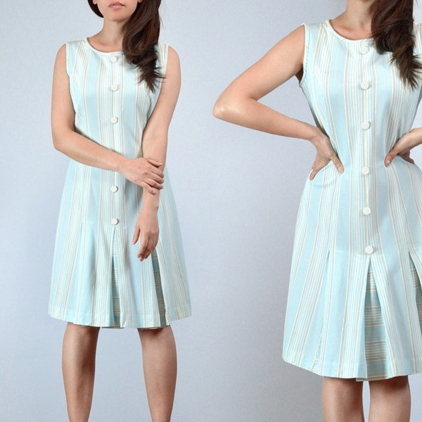 60s Mod Scooter Dress, S | Vintage Pleated Skirt Retro Striped Dress