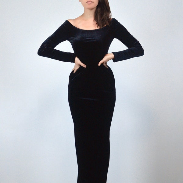 Vintage 90s Black Velvet Long Sleeve Maxi Dress, XS to Small