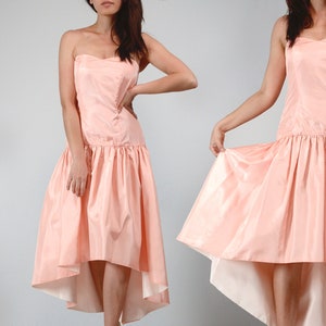 80s Peach Prom Dress - Small | Vintage 1980s Strapless High Low Bow Back Party Dress, S