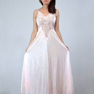 1970s Sheer Nightgown, Small | See Through Pink Slip Dress, Lace Lingerie