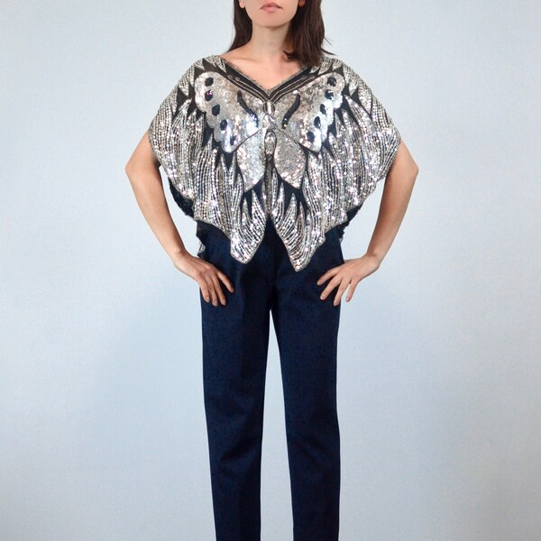 80's India Silk Sequin Deco Butterfly Blouse Top main image 0
