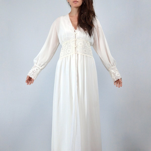 Off-White Sheer Robe, Large | 80s Long See Through Vintage Lace Bridal Robe, L