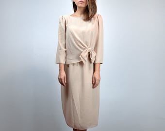 70 Beige Dress, M to L | Sheer Long Sleeves