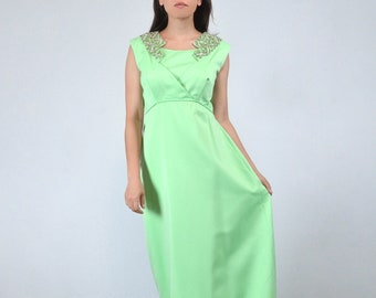 60s 70s Green Beaded Cocktail Dress, L