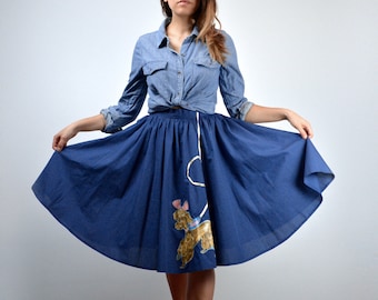 Vintage Poodle Skirt, XS to M | Blue Full Circle Rockabilly Swing Skirt