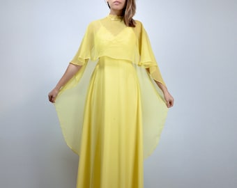 Vintage 70s Maxi Dress with Sheer Cape, XXS