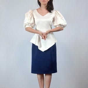 Puff Sleeve Party Dress, S to M | Vintage 80s Ivory & Navy Peplum Dress