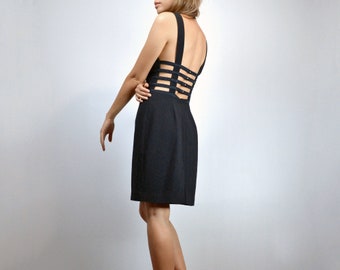90s Black Strappy Caged Cocktail Dress - Extra Small to Small XS S