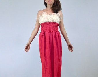 Vintage 70s Pink Maxi Dress, M | 1970s Strapless Party Gown