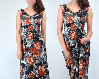 70s Retro Maxi Dress, S | Vintage Floral V-Neck Sundress