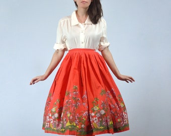 Vintage 50s red floral circle skirt, XXS to XS