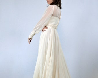 70s Ivory Boho Sheer Sleeve Wedding Dress with Train, XS