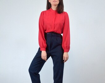 80s Sheer Red Blouse, S to M | Embroidered Button Up Top