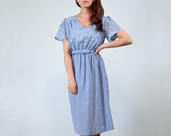 1970s Sheer Blue Sundress, S to M | Vintage 70s Leaf Embroidered Dress
