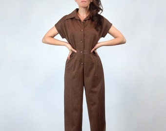 Vintage 70s Jumpsuit, M | Brown Dagger Collar Fall Winter One Piece