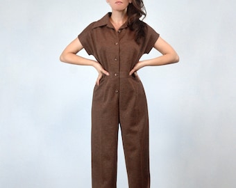 Vintage 70s Jumpsuit, M | Brown Dagger Collar Fall Winter One Piece