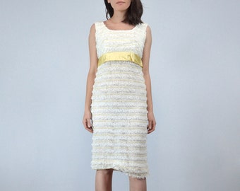 1960s White Lace Wiggle Dress with Yellow Ribbon, XS