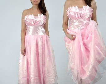 Y2K Pink Prom Dress, M to L | Strapless Faux Pearl Princess Dress