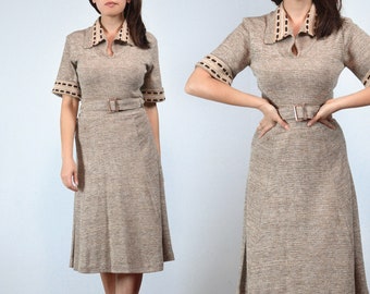 Vintage 1970s Beige Sweater Dress, Small