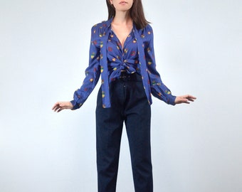Vintage Blue Tie Neck Blouse, M | Novelty Print Button Up Shirt