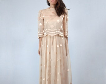 Sheer Beige Polka Dot Dress, S | Vintage 80s Party Dress