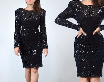 1980s Black Sequin Mini Dress, XS to S