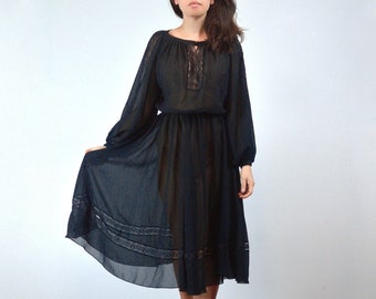 Black Sheer Lace Panel Vintage 70s Dress, M