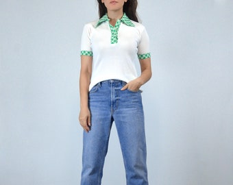 Retro 70s Green & White Collared Top, XS to S