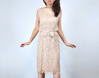 Vintage 1950s 60s Beige Lace Dress, XS to S