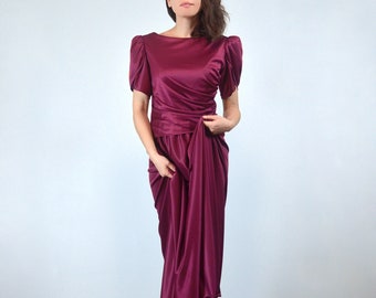 70s Raspberry Gown, S to M | Short Sleeve Floor Length Draped Maxi Dress