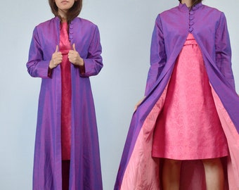 Two Tone Dress Coat, M | Vintage Long Iridescent Purple & Hot Pink Overcoat Jacket, Medium