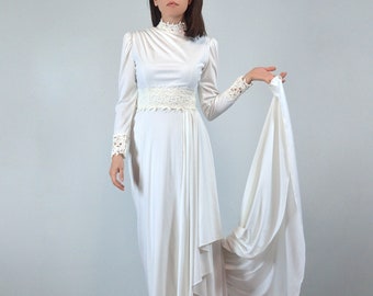 70s Wedding Dress with Train, XS | Long Sleeve Boho Lace Dress