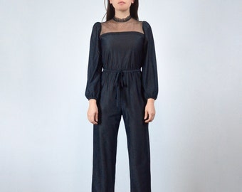 70s Black Lace Jumpsuit, XS to S