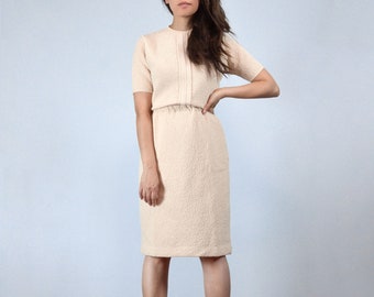 60s Mod Skirt Set, S | Ivory Minimalist 2 Piece Outfit with Textured Base, Matching Set