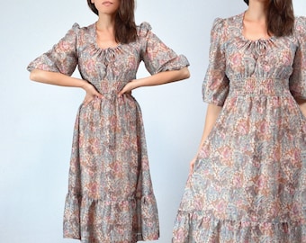 Sheer Floral Dress, XS to S | Vintage 1970s Beige Half Sleeve Sundress