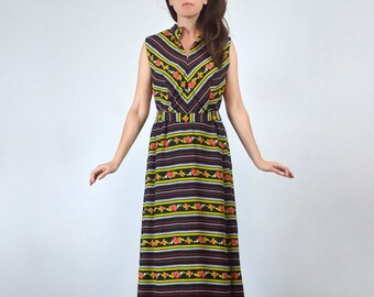 1960s 70s Floral, Stripe & Polka Dot Print Maxi Dress, M to L