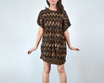 Sequin Mini Dress, M to L | Vintage 80s Black & Gold Metallic Tunic Top