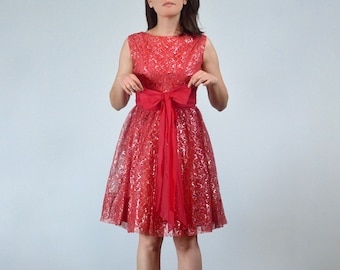 60s Red & Silver Lace Dress, XXS to XS