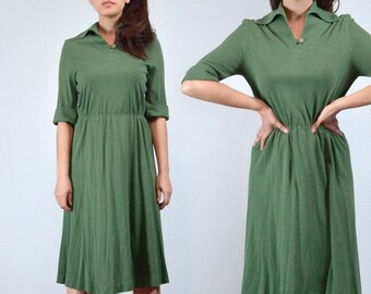 70s Green Day Dress, XS | Vintage 1970s Peaked Collar Richard Shops Casual Dress, Extra Small to Small