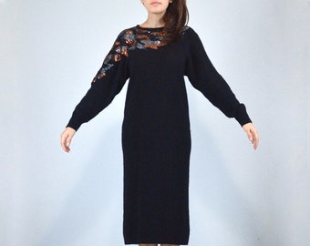 80s Sequin Sweater Dress - Small to Medium  | Vintage 1980s Black Beaded Knit Dress, S M