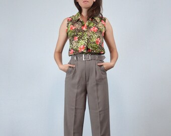 90s Vintage Taupe Pleated Pants, High Waist Trousers, XXS-XS