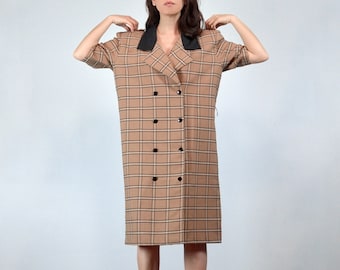 Beige Plaid Dress, XL to XXL | Plus Size Double Breasted Button up Checkered Dress